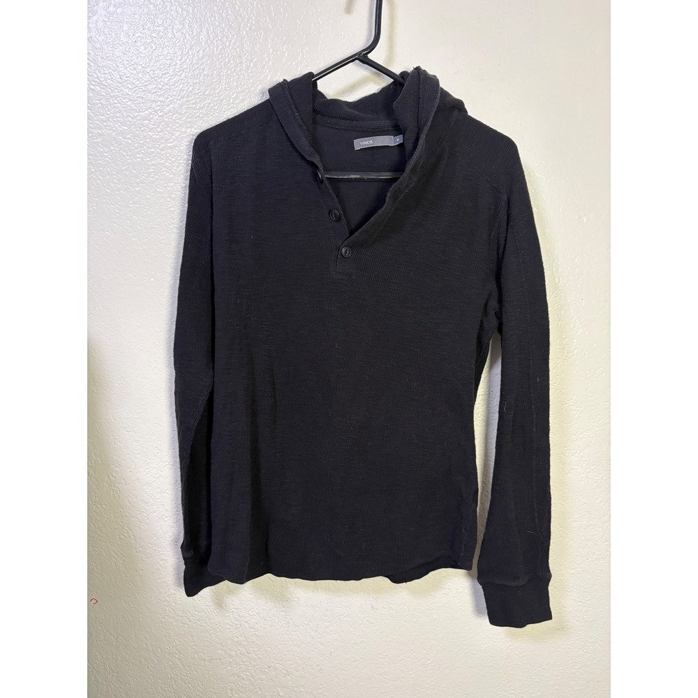 Vince Mens Black Waffle Knit Cotton Henley Hoodie Size Medium